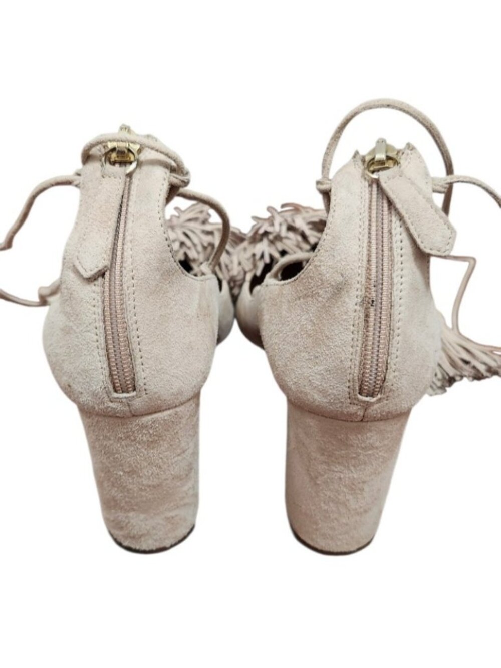 Aquazzura Wild Thing Fringe Suede Lace Up Block Heel Pumps Beige EU 36.5 US 6 - Picture 8 of 12